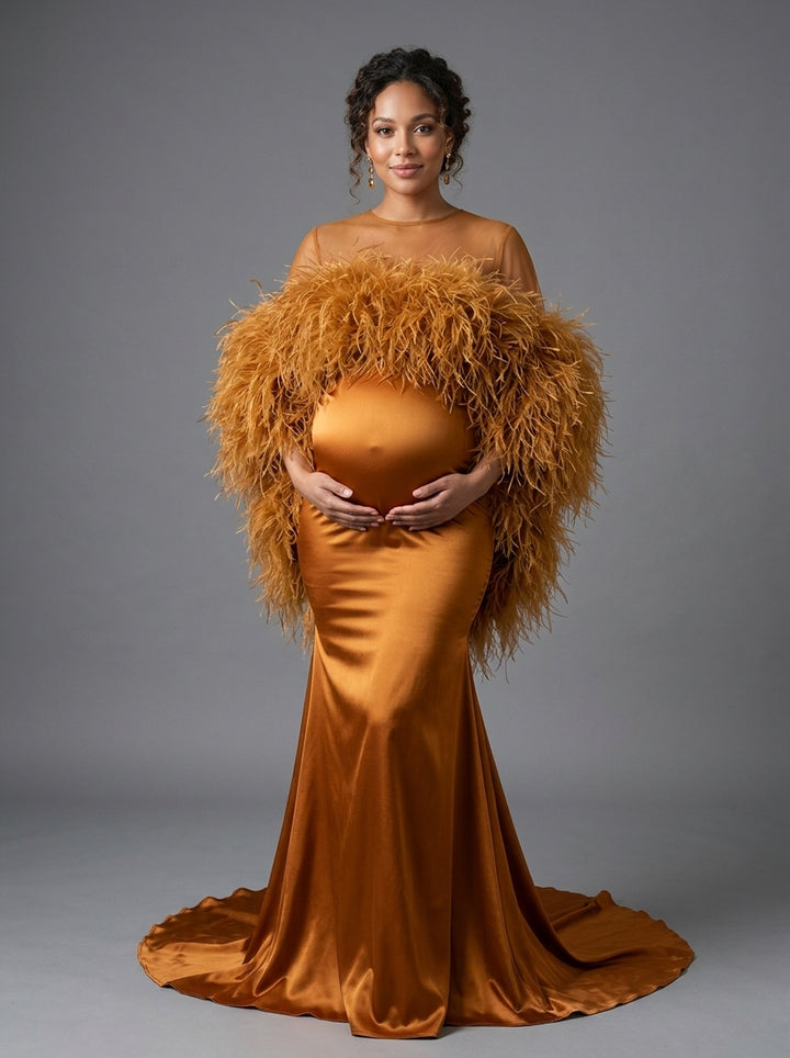 Burgundy Ostrich Feather Cape Maternity Baby Shower Dress YD260917