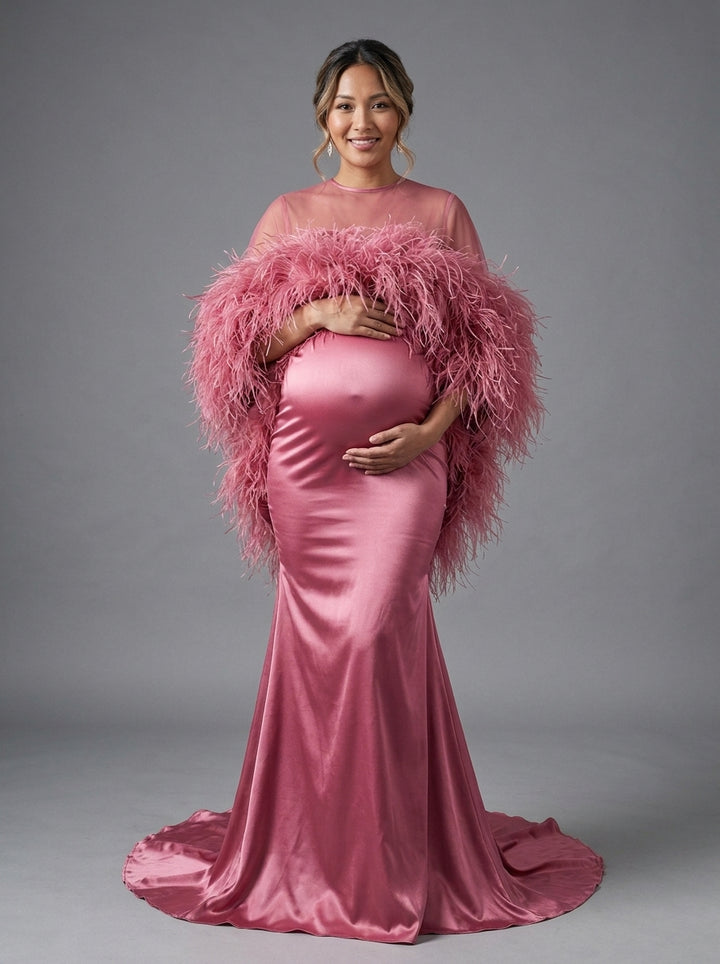 Burgundy Ostrich Feather Cape Maternity Baby Shower Dress YD260917