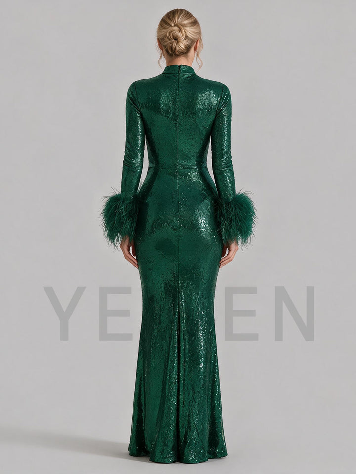Keyhole Ostrich Feather Cuff Sequin Christmas Dress YW2609225