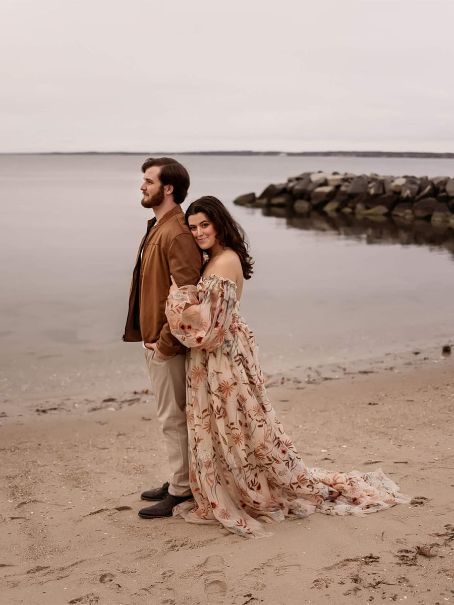 Off Shoulder Long Sleeve Embroidery Lace Colored Wedding Dress Photo Shoot Dress YW230320