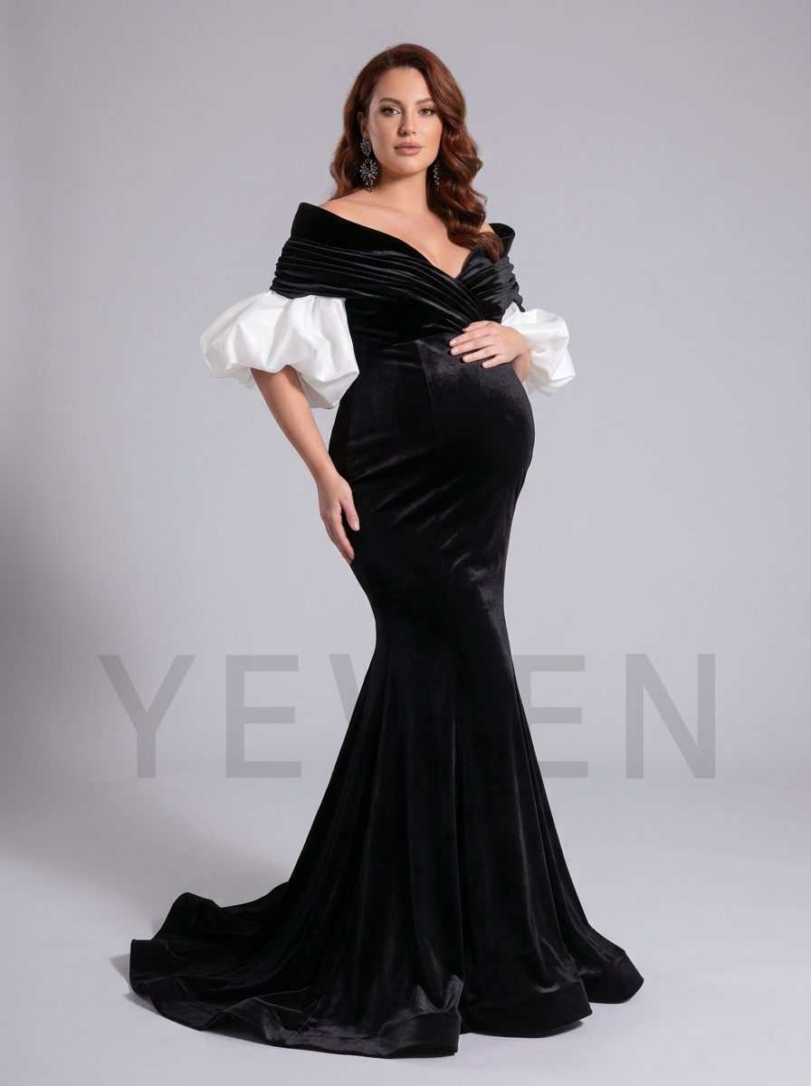 Velvet Off-Shoulder Puff Sleeve Maternity Photoshoot Gown YD260920