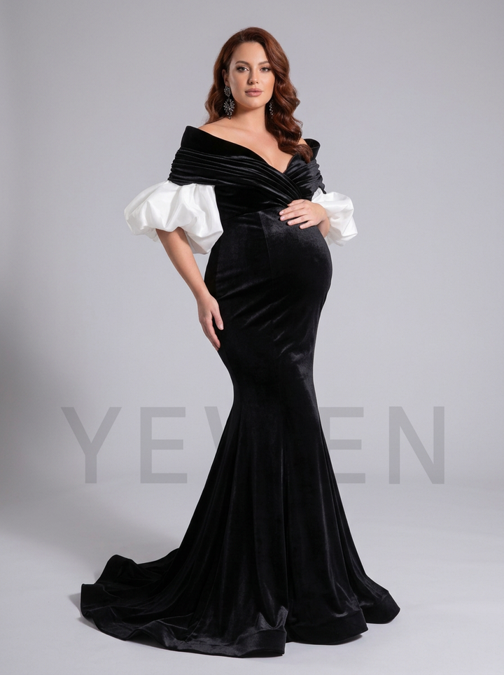 Velvet Off-Shoulder Puff Sleeve Maternity Photoshoot Gown YD260920