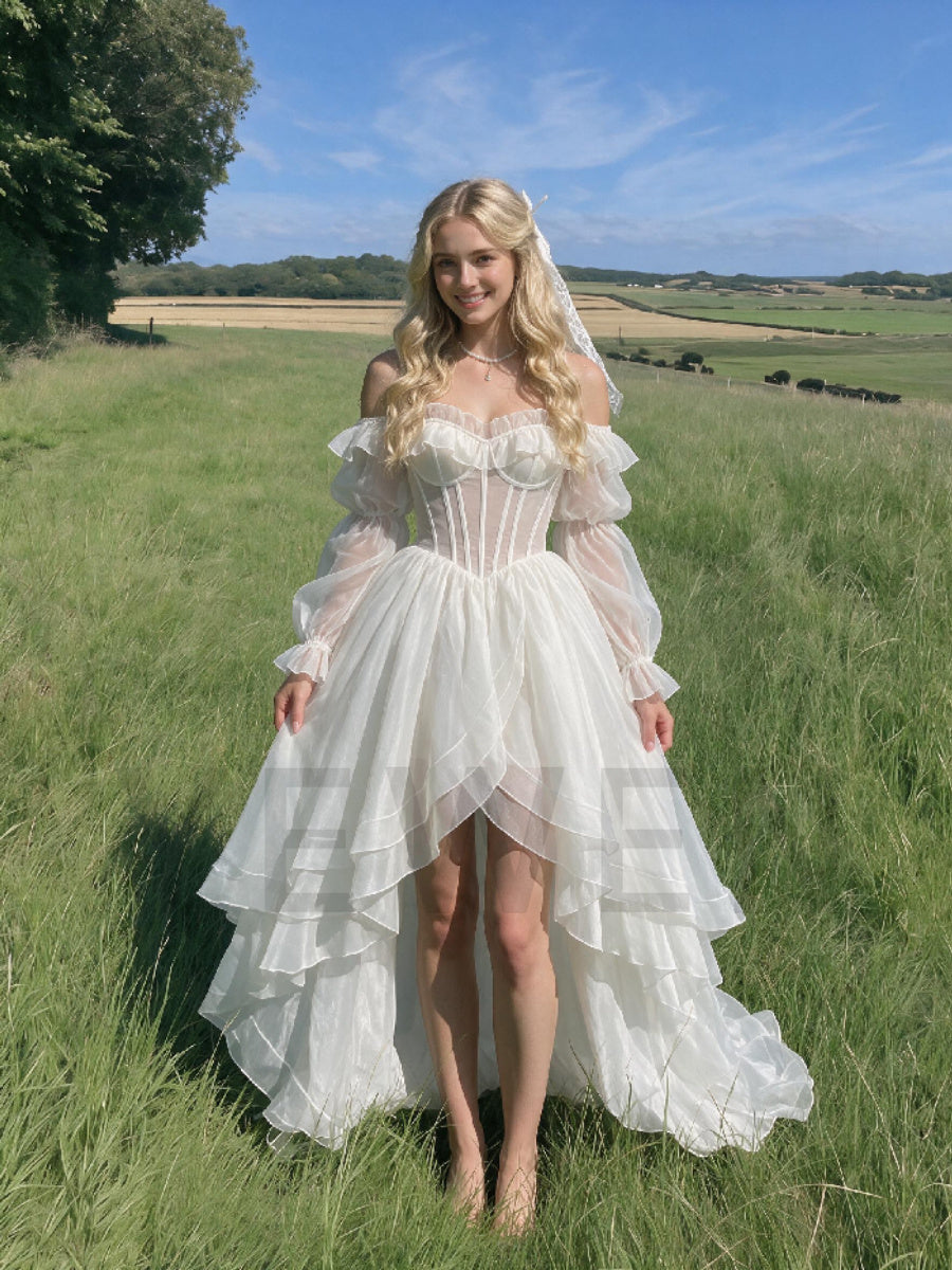 White High-Low Puff Sleeves Princess Dress WT268019