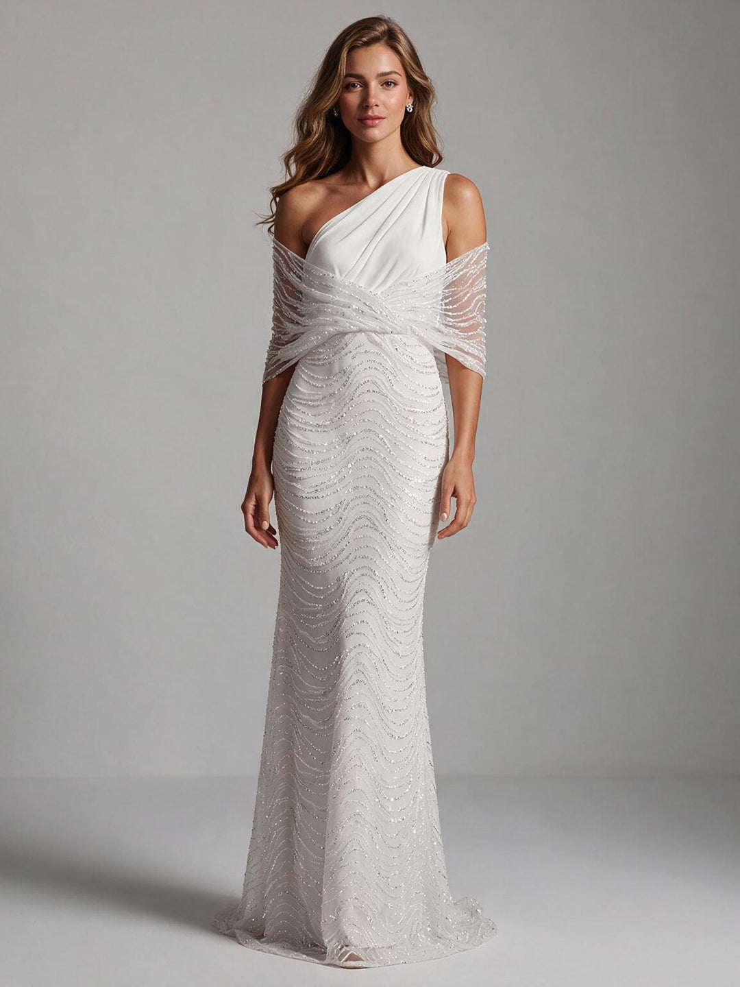 Ivory One-Shoulder Sparkly Wedding Dress with Mermaid Beaded Skirt