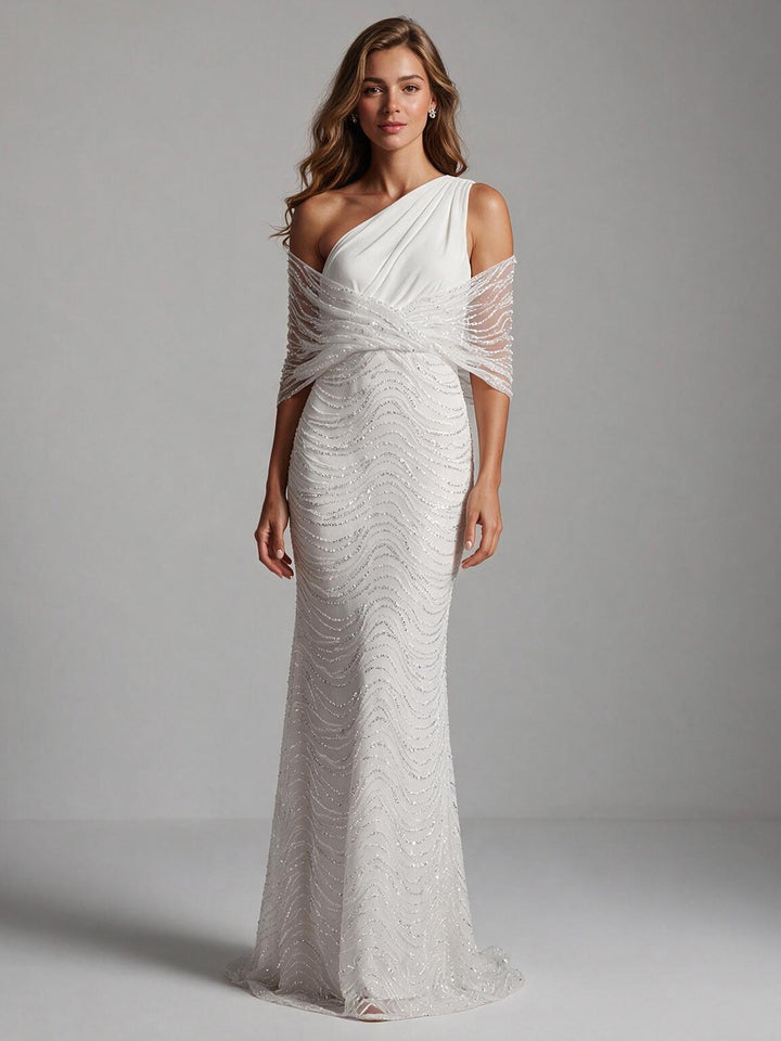 Ivory One-Shoulder Sparkly Wedding Dress with Mermaid Beaded Skirt