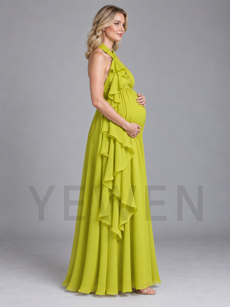 Criss-Cross Halter Chiffon Ruffle Maternity Baby Shower Dress L-26934