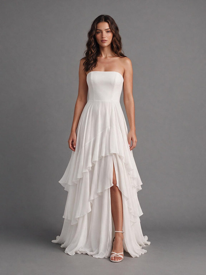 Ivory Strapless Chiffon Wedding Dress with High Slit Ruffle Skirt