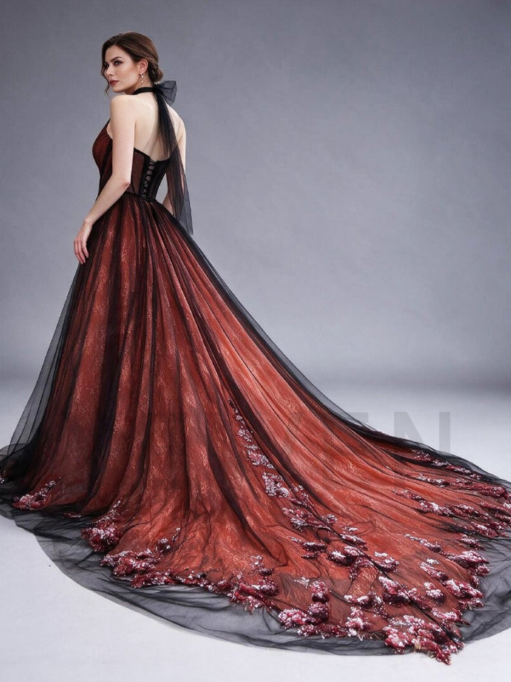Halter Corset Tulle Evening Gown with Sequin Train YX26103