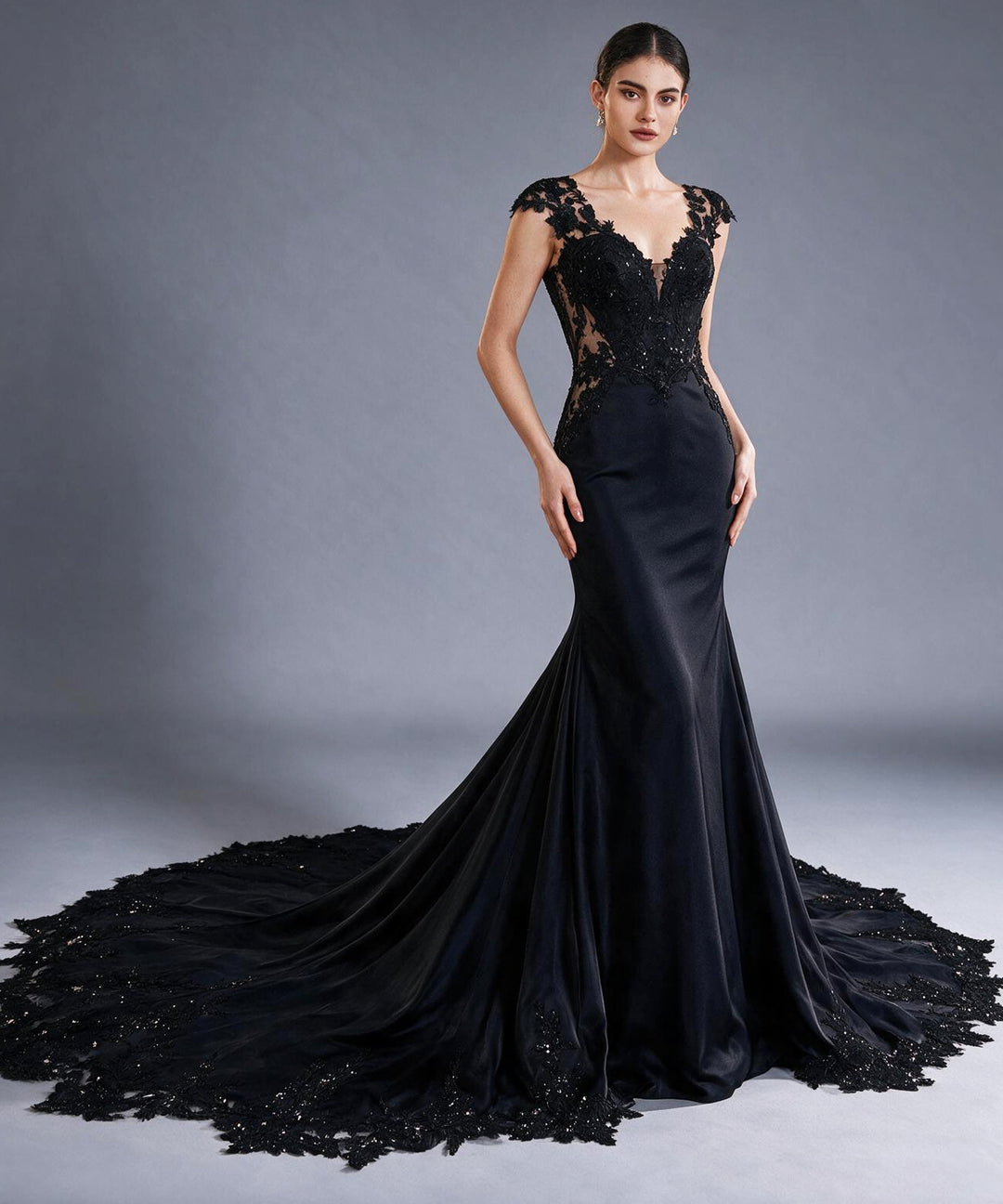 Deep V-Neck Sequin Sheer Lace Fitted Mermaid Evening Gown YX26104