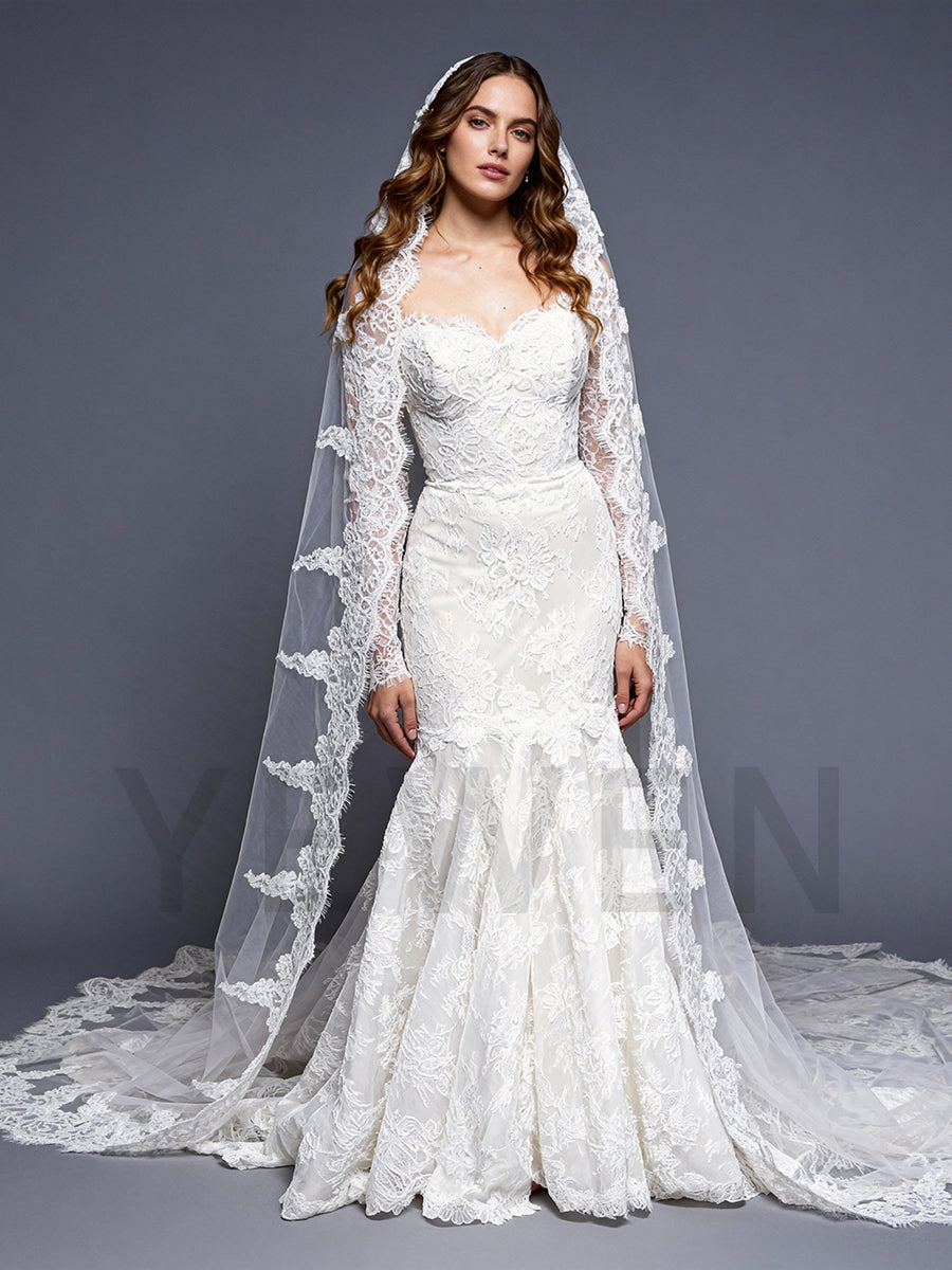 Romance Detachable Long Sleeves Mermaid Wedding Dress Lace Bridal Gown