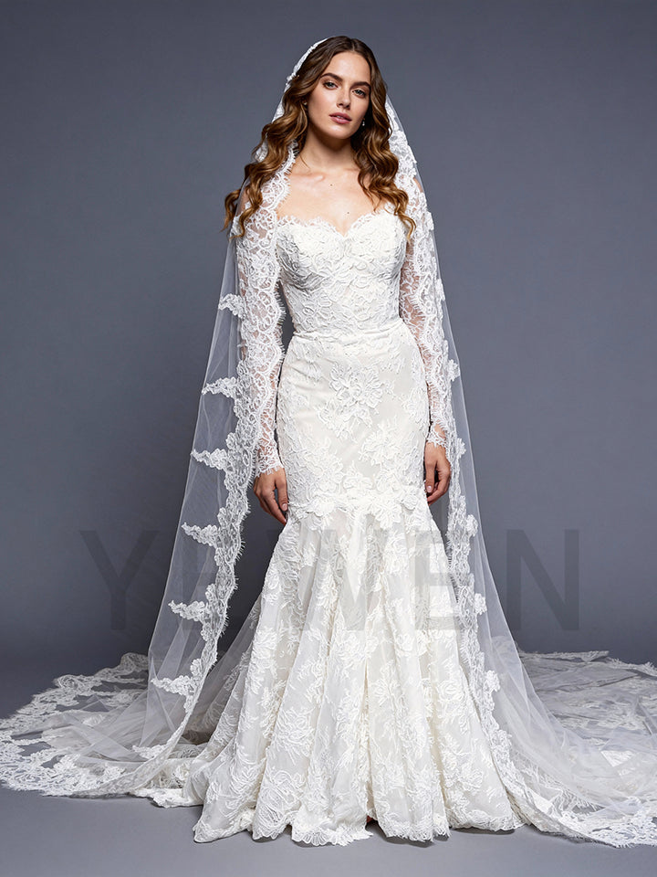 Romance Detachable Long Sleeves Mermaid Wedding Dress Lace Bridal Gown