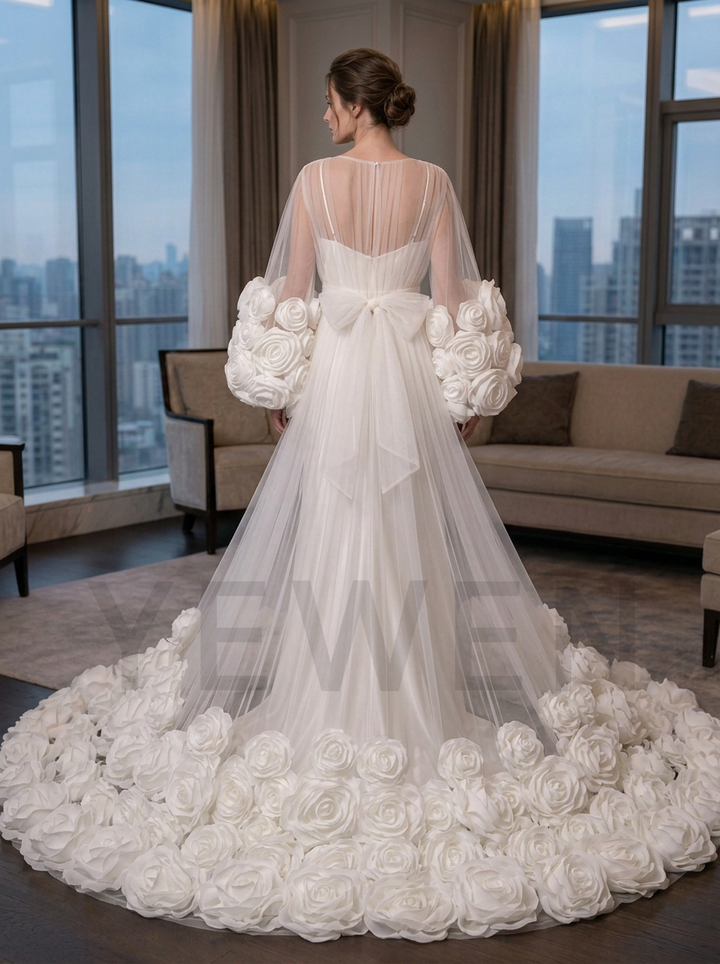 Luxury 3D Organza Flower Bridal Robe Wedding Robe with Flowers Train YD260727