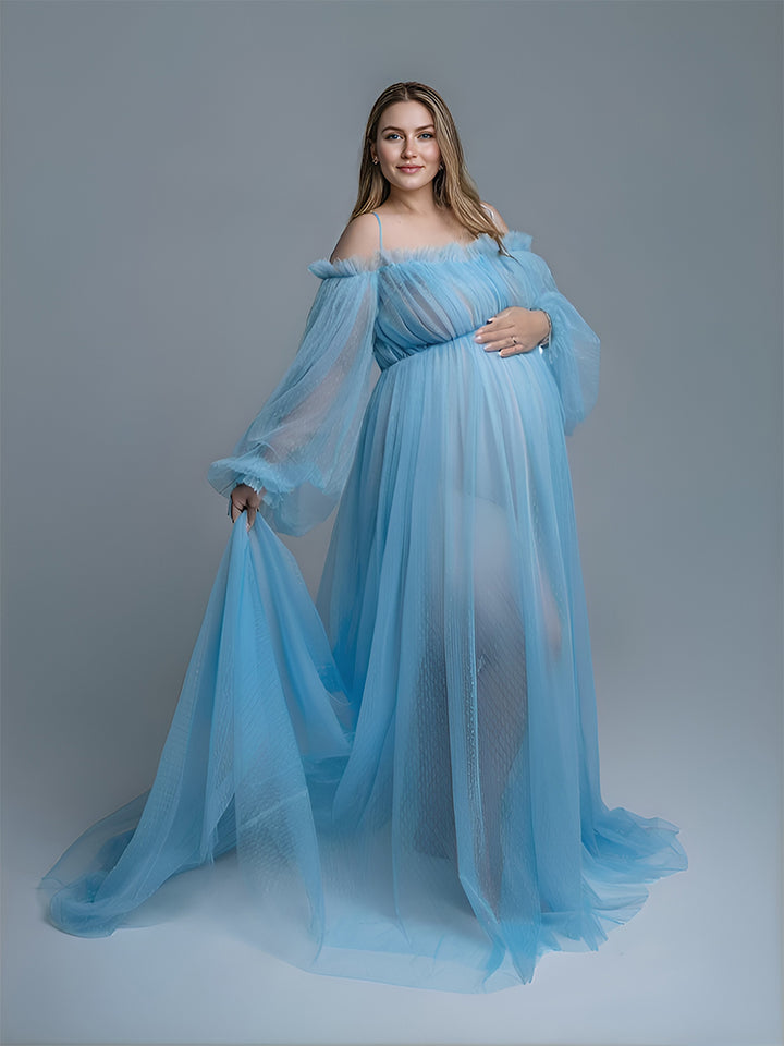 V Neck Sleeveless Party Dress Flower See-Through Maxi Fashione Maternity Dress for Photoshoot