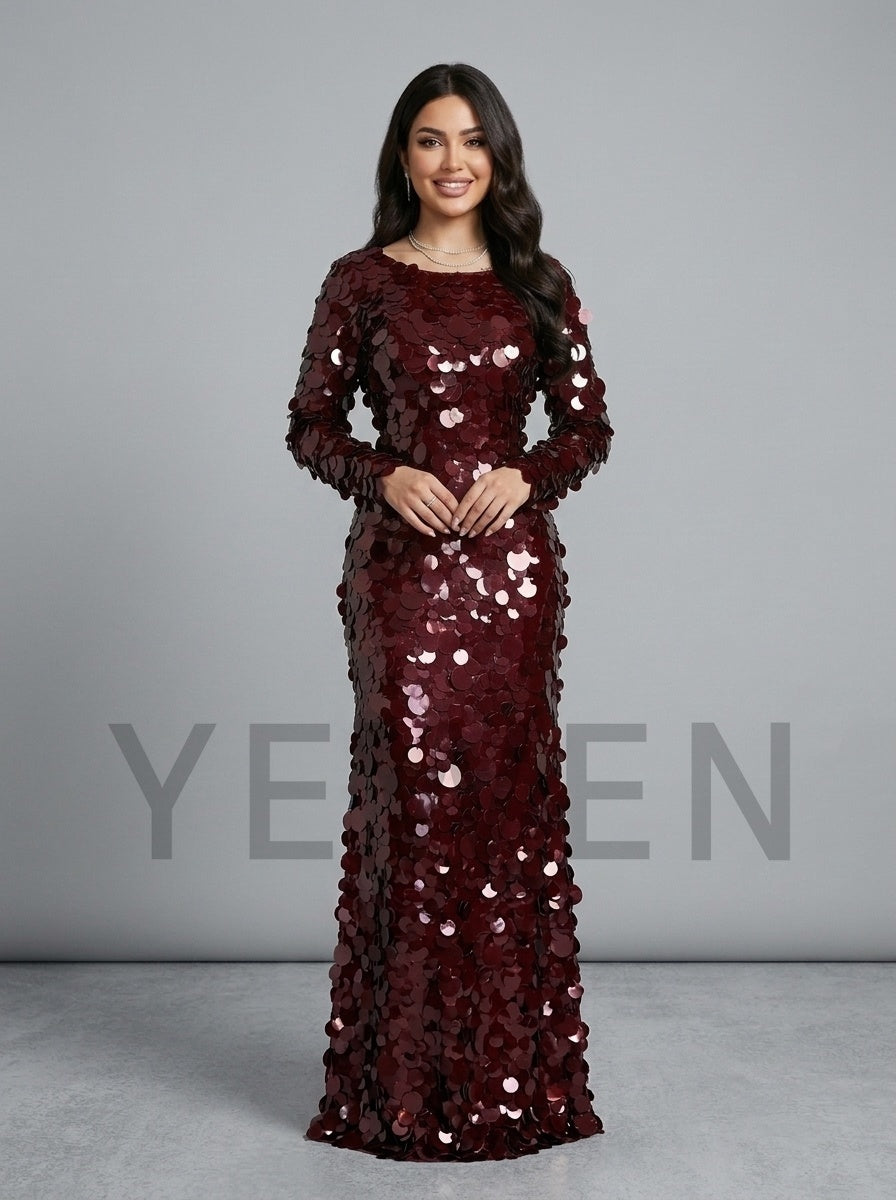 Pink Scoop Neck Big Sequin Long Sleeve Fitted Evening Gown YD261024