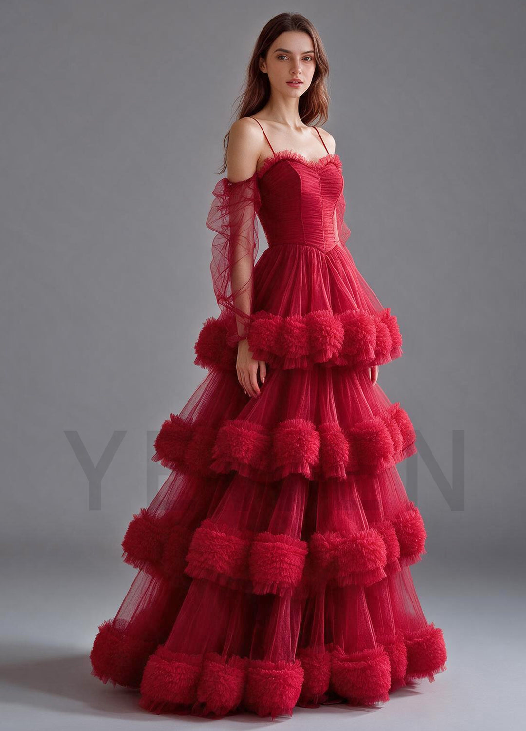 Off-Shoulder Puff Sleeve Evening Gown with Pom-Pom Tiered Skirt YX004