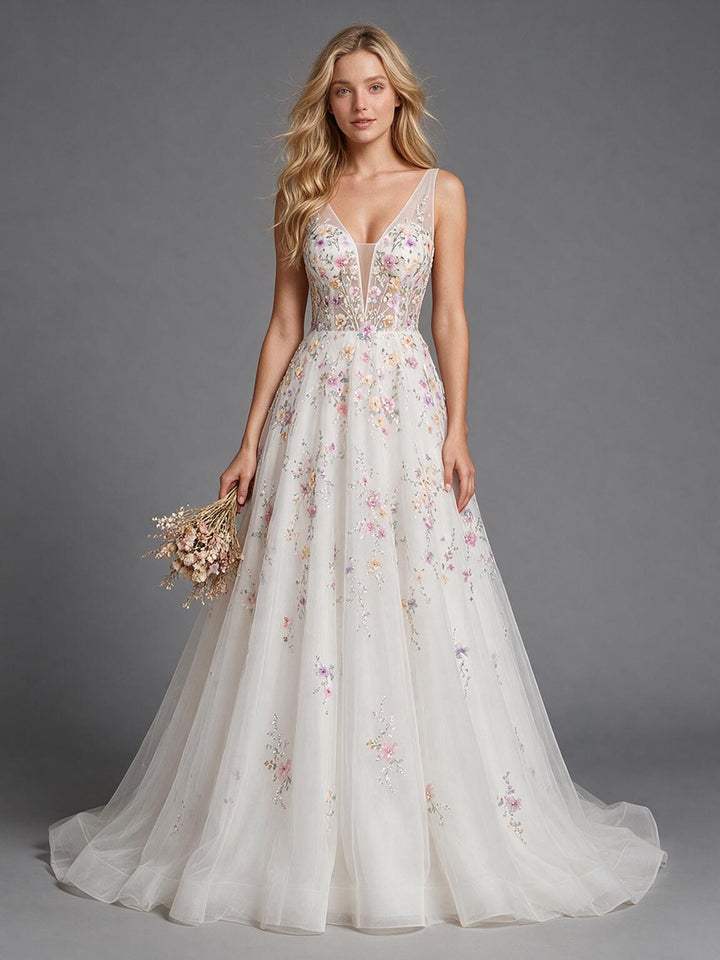 Ivory A-Line Deep V-Neck Floral Tulle Wedding Dress