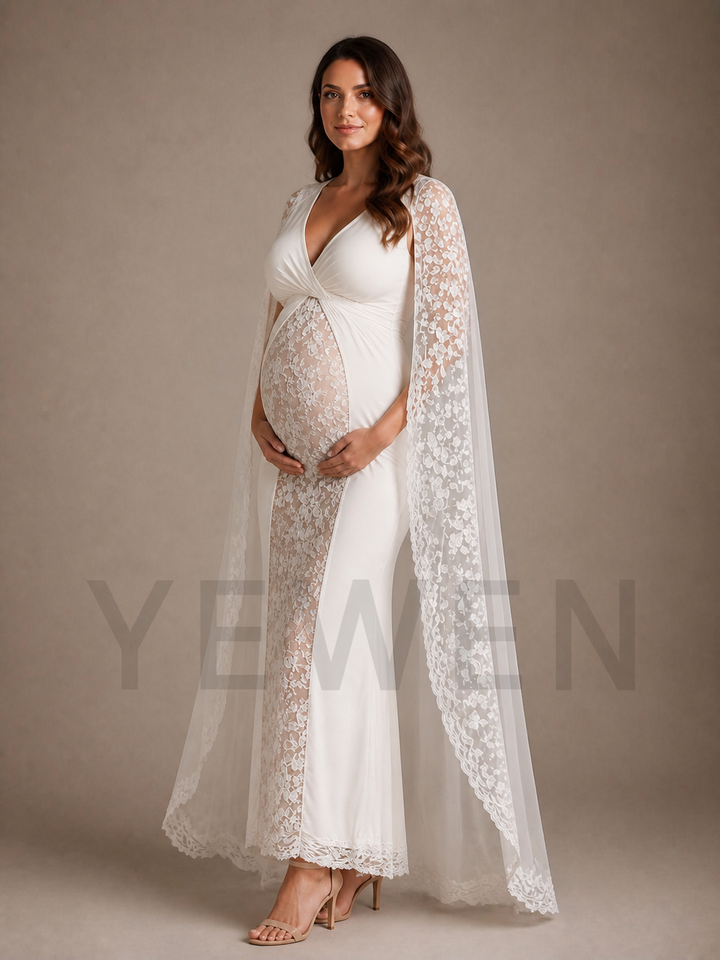 White Lace Cape Maternity Baby Shower Dress ZX014