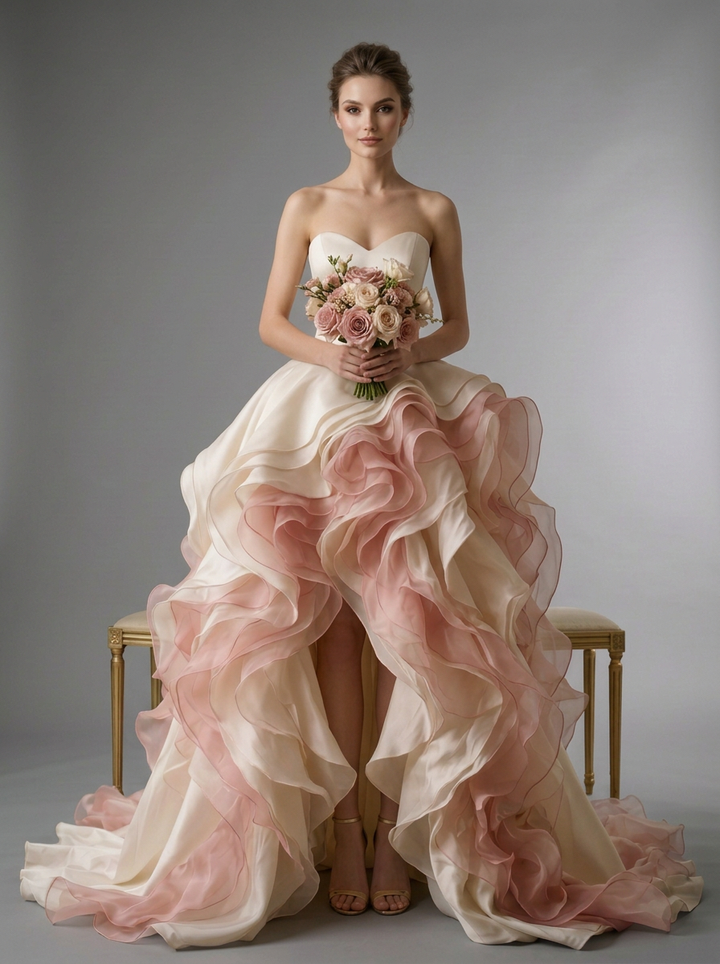 Strapless Tiered Ruffle Evening Gown with High-Low Hem YD260924