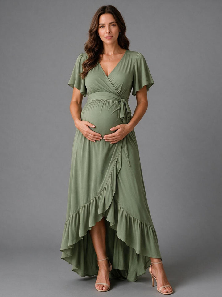 Olive Green High-Low Ruffle Hem Maternity Dress For Baby Shower