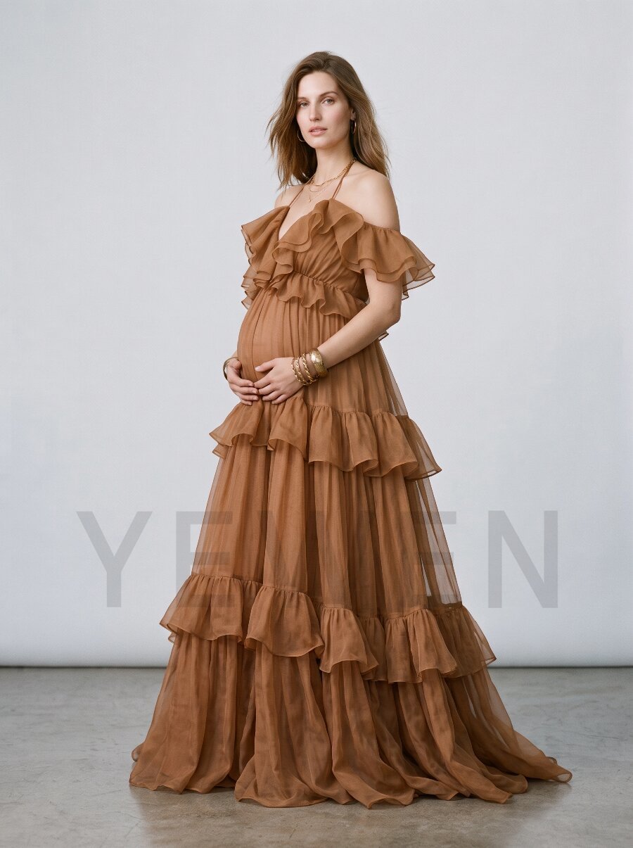 Soft Organza Tiered Ruffle Halter Maternity Photoshoot Gown ZO260917