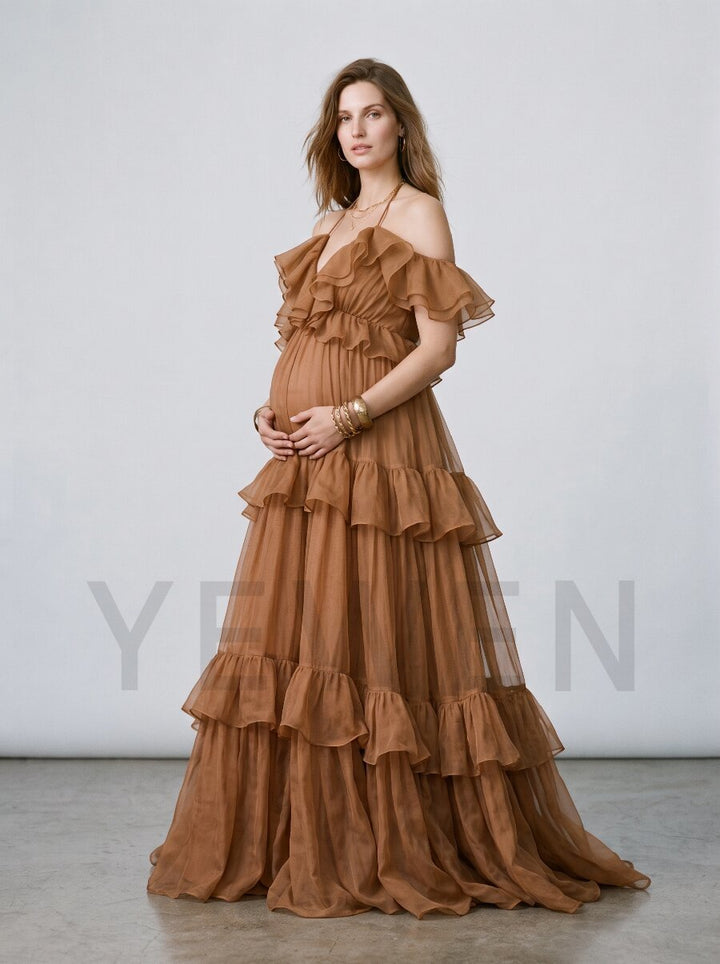 Soft Organza Tiered Ruffle Halter Maternity Photoshoot Gown ZO260917