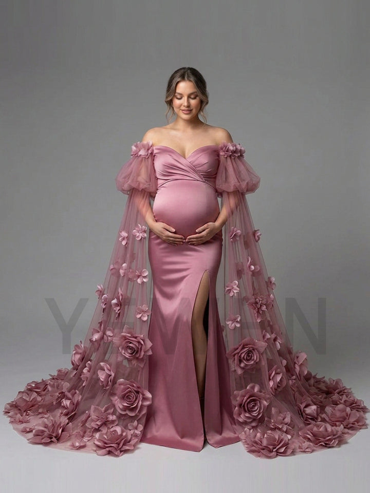 Dusty Puff Sleeve Maternity Photoshoot Dress with 3D Floral Cape