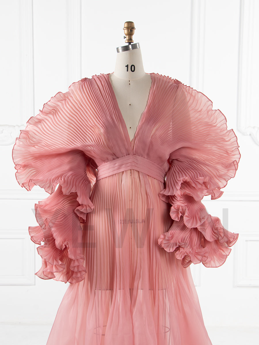 V Neck Pleated Organza Maternity Dresses for Photoshoot Long Dress for Maternity Shoot Baby Shower Dresses YW243116