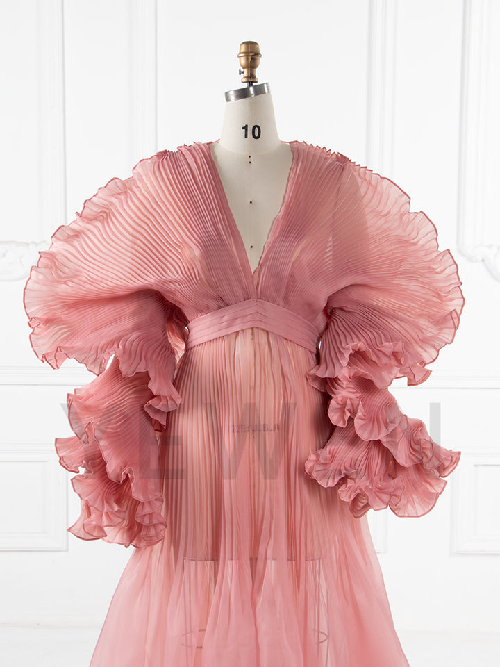 V Neck Pleated Organza Maternity Dresses for Photoshoot Long Dress for Maternity Shoot Baby Shower Dresses YW243116