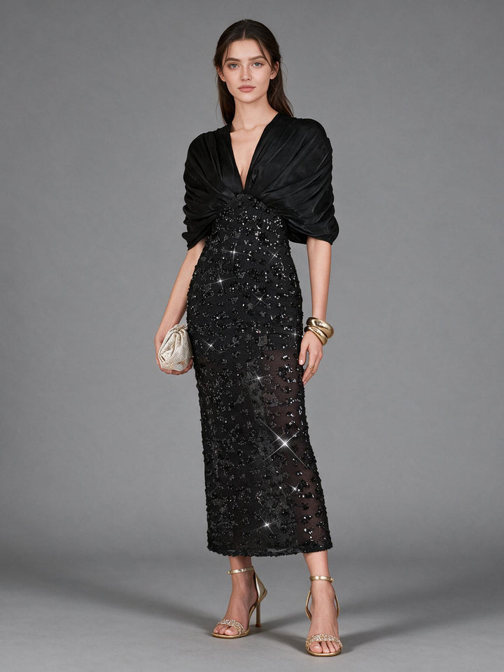 Black Satin Draped Overlay Sequin Midi Evening Dress YW2609282