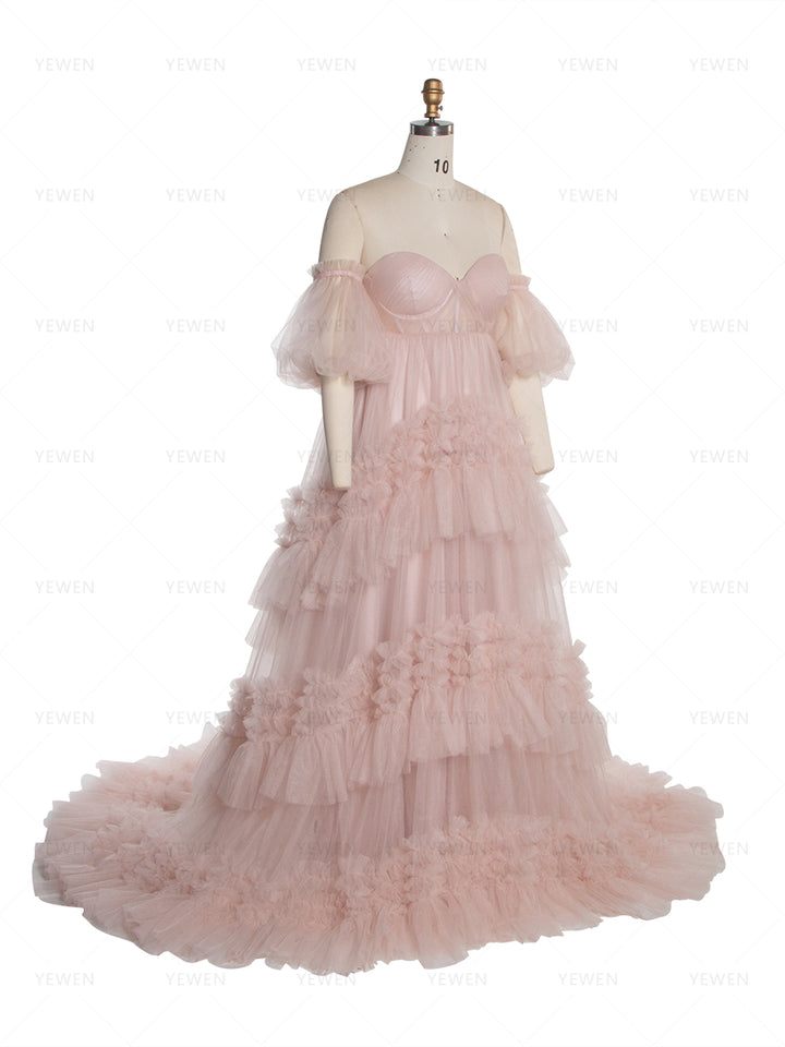 High Waist Tulle Gown for Photoshoot Tiered Ruffles Tulle Dress for Event YW251037-1