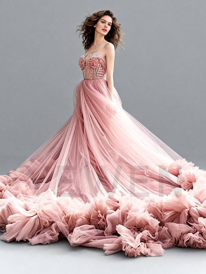 Customized Dusty Pink Beaded Tulle Dress Strapless Ruffles Skirt Occasion Dress