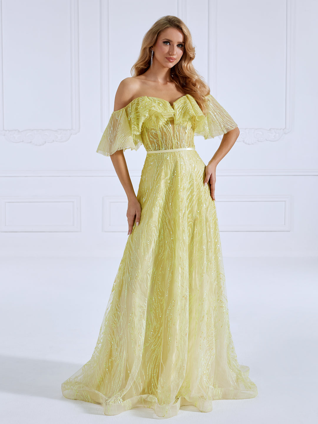 yellow off the shoulder prom dress Off-Shoulder Ruched A-Line Layered Satin Prom Dress with Slit Red / 6