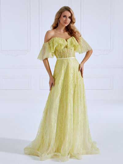 Glitter, Off The Shoulder, A line Gown, Yellow Prom Dresses