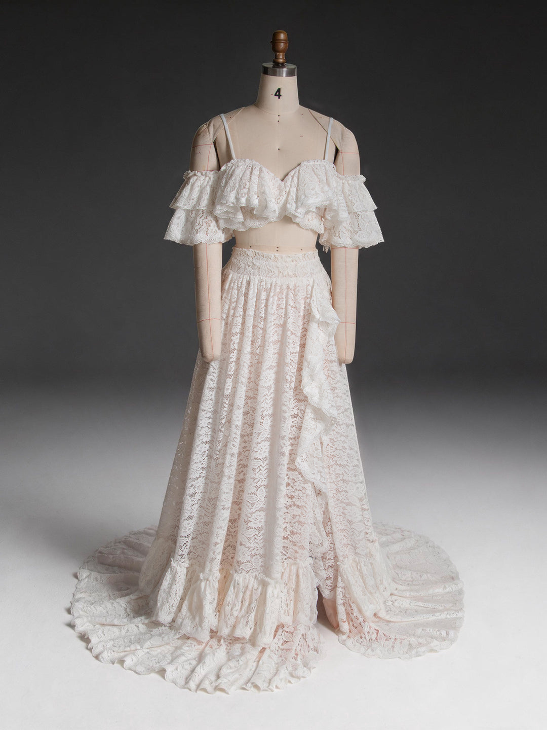 Ivory Lace Two-Piece Off-Shoulder Wedding Dress with High Slit Ruffle Skirt