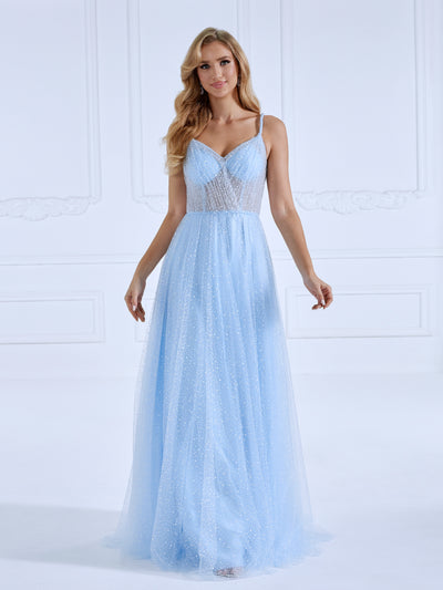 Glitter , A Line,  Tulle Bustier Gown Prom Dresses