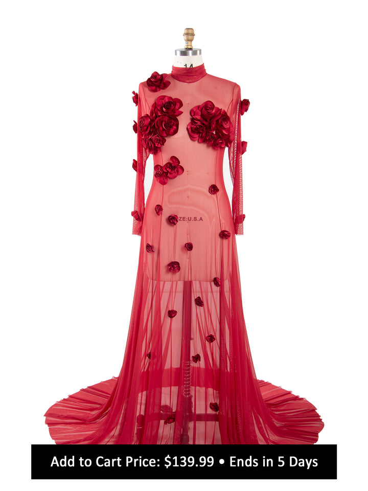 Sheer Stretch Tulle Maternity Gown 3D Rose Appliqués Maternity Dress for Photo Shoot YW260237