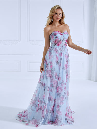 Printed ,Strapless, Elegant Prom Dress , Side Slit