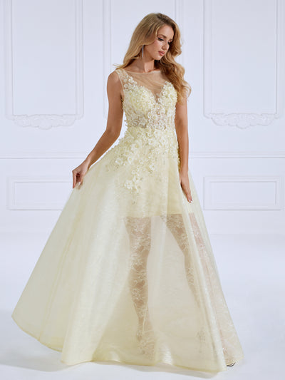 Round Neck ,Floor-Length, Tulle Yellow, Prom Dresses With Appliques, Lace Beads