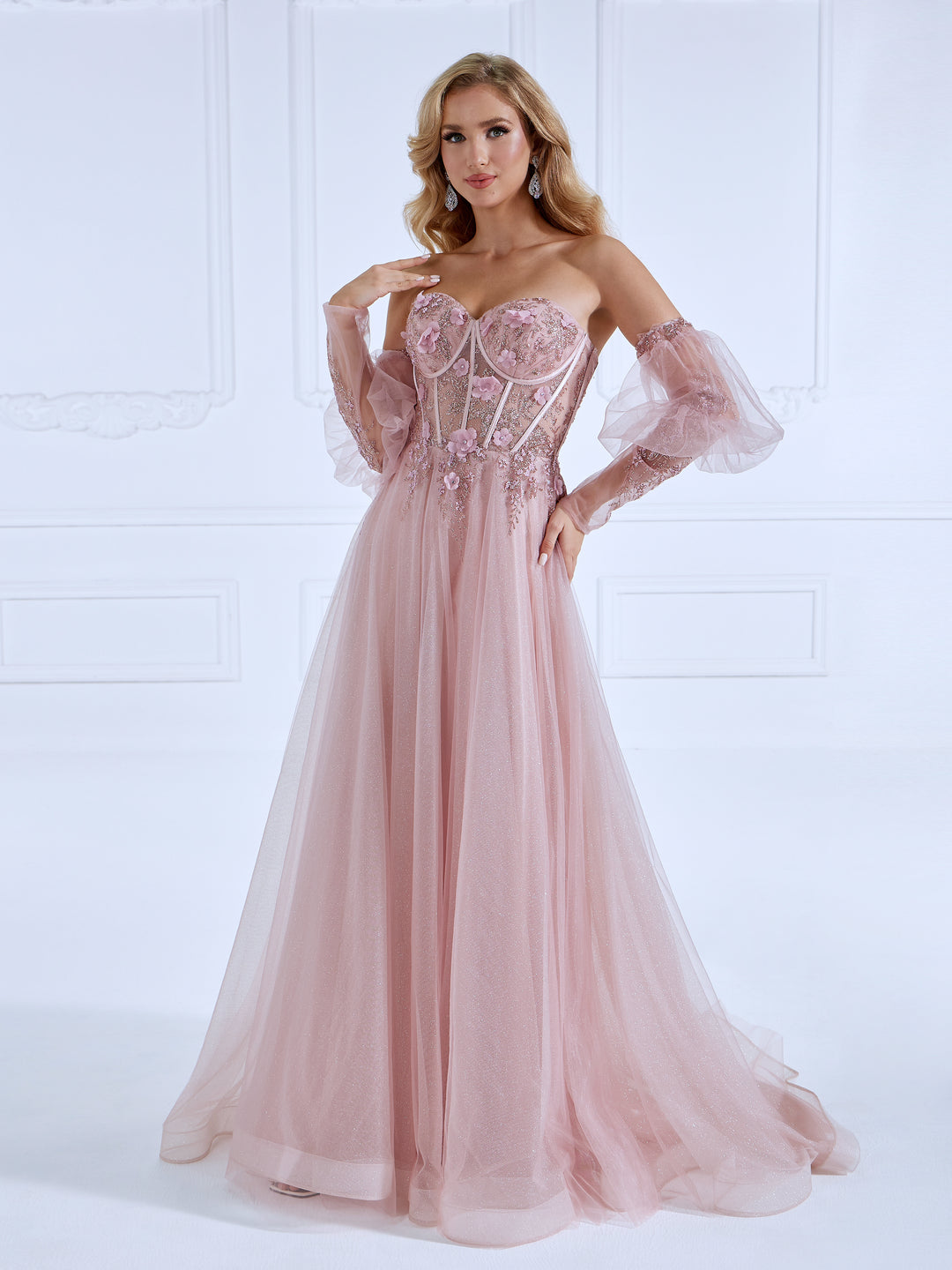 Princess Sweep Train Sequin Lace Tulle Pink Prom Dresses