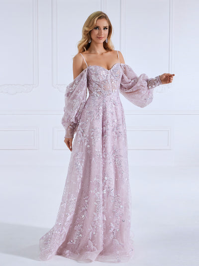 High Quality Sequin Embroidery Pattern Prom Dresses, A-Line ,Princess Long Sleeevs, Floor-Length Dress