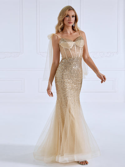 Tie Straps, Champagne Sequins , Mermaid Gown, Prom Dress