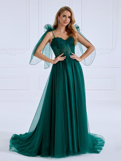 A Line,  Sweetheart Sweep, Train Green ,Evening Dresses, Photo Shoot Gown