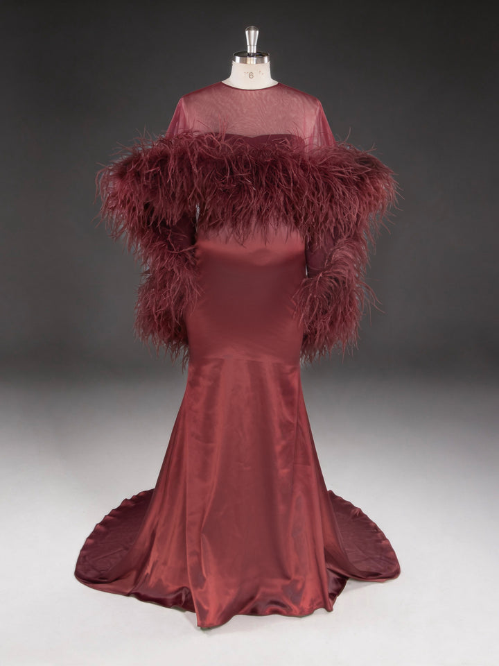 Burgundy Ostrich Feather Cape Maternity Baby Shower Dress YD260917