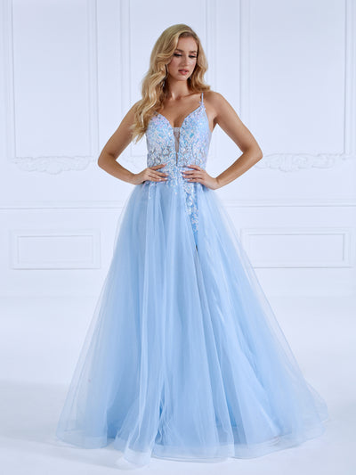 A-line, V Neck ,Floor-Length ,Light Blue, Prom Dresses with Sequins