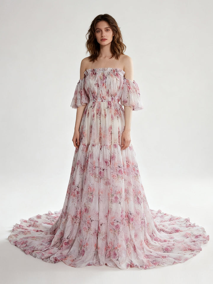 Summer Chiffon Print Maternity Dress for Photo Shoot Photography Woman Maxi Gwon YW230317-1