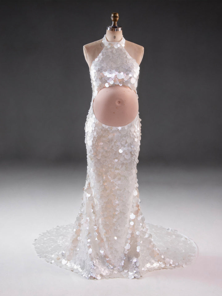 Halter Cutout Belly Sequin Maternity Baby Shower Dress YW2609233