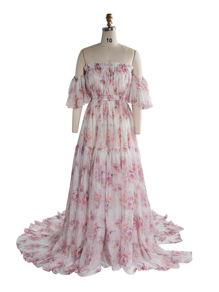 Summer Chiffon Print Maternity Dress for Photo Shoot Photography Woman Maxi Gwon YW230317-1