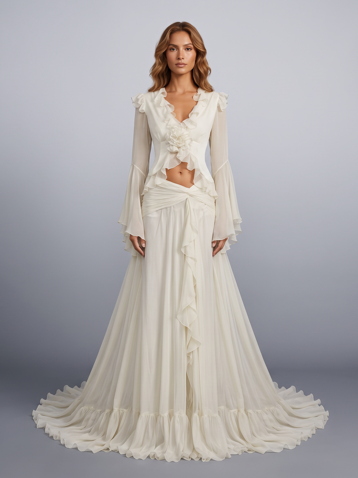 Aurora White Floral Applique Crop Top & Draped Skirt Set YD260802