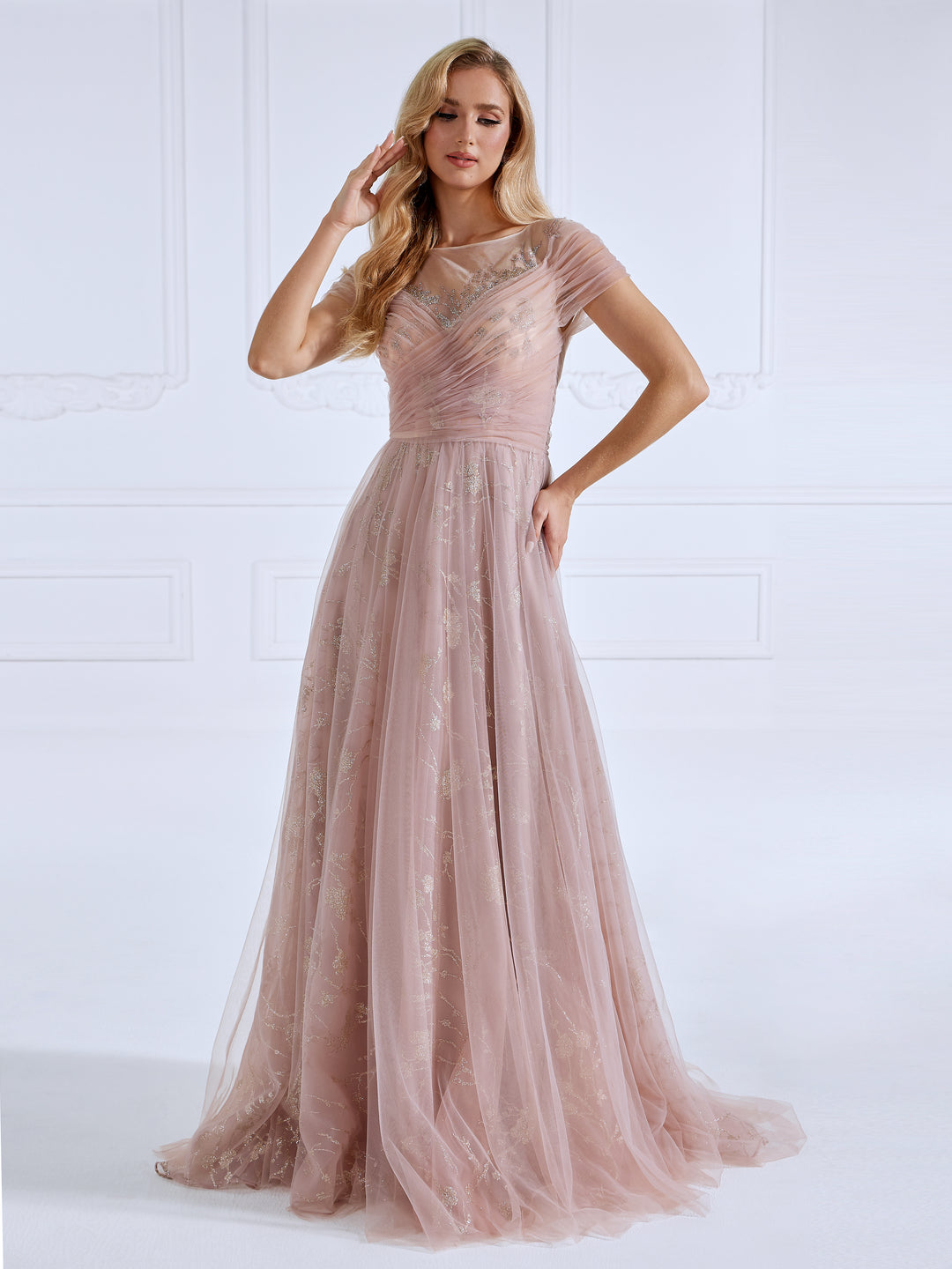 A-Line Illusion Round Neck Tulle Prom Dresses | Floor-Length with Glitter Pattern yewendress A-Line Illusion Round Neck Tulle Prom Dresses | Floor-Length with Glitter Pattern yewendress
