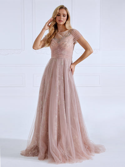 A Line,  illusion Round Neck, Floor Length , Tulle Prom Dresses With Glitter Pattern